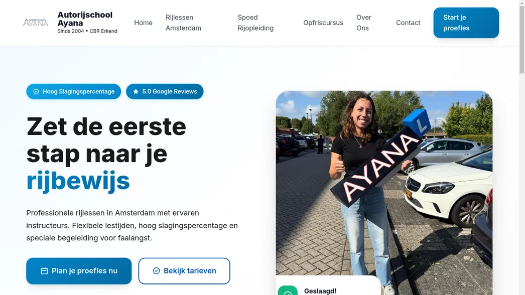 Screenshot van de Autorijschool Ayana website